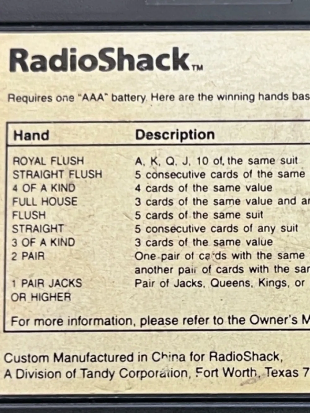 Vintage Radio Shack Draw Poker Handheld Pocket Electronic Game